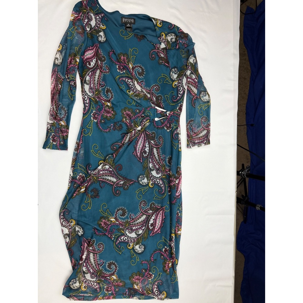 Enfocus Studio Teal Paisley Mesh Faux Wrap Midi Dress Long Sleeve Size 6